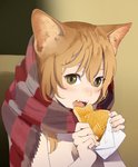 abstract_background blush brown_background brown_hair eating female food green_eyes hair holding_food holding_object inner_ear_fluff long_hair looking_at_viewer open_mouth scarf shadow simple_background solo taiyaki teeth tongue tuft white_body white_skin mattaku_mousuke animal_humanoid felid felid_humanoid feline feline_humanoid humanoid mammal mammal_humanoid