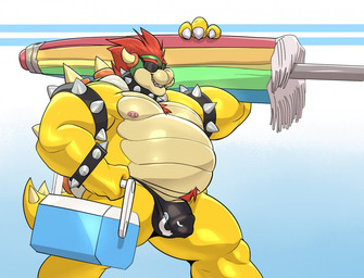 anthro beach_umbrella belly big_belly blue_background body_hair bulge chest_hair clothed clothing collar cooler eyewear hair male musclegut muscular nipple_piercing nipples parasol partially_clothed pattern_background piercing pubes red_hair simple_background solo speedo striped_background studded_collar studs sunglasses swimwear tail topless umbrella javkiller mario_bros nintendo bowser koopa scalie