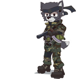 anthro camo camo_clothing camo_print clothing fur grey_body grey_fur gun handgun knife male military_uniform pattern_clothing pistol ranged_weapon solo uniform weapon jabaox konami metal_gear naked_snake canid canine canis mammal wolf hi_res