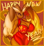 anthro asian_clothing big_breasts big_ears breasts brown_body chinese_clothing chinese_dress cleavage cleavage_cutout clothed clothing cutout dress east_asian_clothing female fur holding_envelope holding_object holidays huge_breasts looking_at_viewer open_mouth red_clothing red_dress red_envelope red_eyes simple_background smile solo standing text battleorca chinese_new_year chinese_zodiac new_year_2023 nintendo pokemon generation_4_pokemon lopunny pokemon_(species) 2023 chinese_text digital_media_(artwork) english_text hi_res