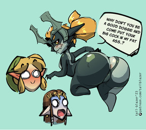 anal_request anus big_butt blonde_hair blue_background blush breasts brown_hair butt clothing female flirting fused_shadow group hair headgear headwear huge_butt huge_hips inviting_to_sex looking_back open_mouth orange_hair rear_view red_eyes simple_background small_breasts speech_bubble term_of_endearment text thick_thighs trio wide_hips yellow_sclera tail-blazer nintendo the_legend_of_zelda twilight_princess link midna princess_zelda humanoid hylian imp twili 2023 hi_res