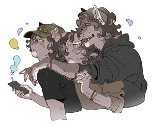 anthro baseball_cap blush bodily_fluids bracelet brown_hair clothing ear_piercing ear_ring electronics emanata eyes_closed fur grey_body grey_fur group group_hug hair hair_over_eye hat headgear headwear highlights_(coloring) holding_object hoodie hug hugging_another jewelry long_sleeve_shirt long_tail male phone piercing pointy_ears ring_piercing saliva saliva_string sharp_teeth shirt short_hair simple_background snout sweat sweatdrop tail teeth text text_on_clothing topwear trio white_highlights yellow_eyes ddcrushh dylan_(ddcrushh) canid canine felid feline mammal digital_drawing_(artwork) digital_media_(artwork) hi_res