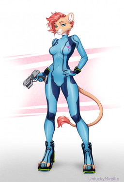 anthro biped blue_clothing blue_eyes breasts clothed clothed_anthro clothed_female clothing female female_anthro fully_clothed fully_clothed_anthro fully_clothed_female fur gun hair hand_on_hip holding_gun holding_object holding_ranged_weapon holding_weapon ranged_weapon red_hair smile smiling_at_viewer solo standing tail tan_body tan_fur tan_tail weapon zero_suit unluckymireille metroid nintendo ah'lina_the_lioness felid lion mammal pantherine digital_drawing_(artwork) digital_media_(artwork) hi_res
