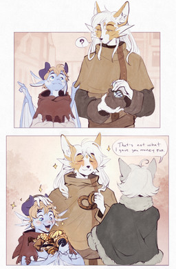 anthro baked_goods blonde_hair blue_body blue_eyes blue_scales blush clothed clothing coin dessert dialogue fantasy flapping_ears food freckles fur group hair horn humor long_ears long_hair male medieval medieval_clothing medieval_fantasy scales simple_background smile sparkles speech_bubble sweets text trio white_body white_fur white_hair wings yellow_eyes wanderertamplior european_mythology mythology tamplior_(duscride) arctic_fox canid canine dragon drakian_(duscride) fox mammal mythological_creature mythological_scalie scalie true_fox western_dragon comic digital_media_(artwork) english_text hi_res