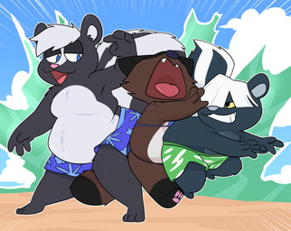 anthro beach biped black_body black_fur brown_body brown_fur butt_bump clothed clothed_anthro clothed_male clothing fur group male male_anthro multicolored_body multicolored_fur nude_anthro nude_male open_mouth outline sand skunk_tail swimming_trunks swimwear trio two_tone_body two_tone_fur crushpepper canid canine mammal mephitid raccoon_dog skunk tanuki absurd_res digital_drawing_(artwork) digital_media_(artwork) hi_res