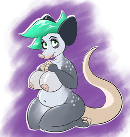 anthro areola big_breasts biped breasts female fur green_eyes green_hair grey_body grey_fur hair lips navel nipples nude sitting solo bison_black american_opossum mammal marsupial virginia_opossum hi_res source_request
