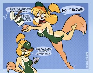 anthro apron apron_only barista beverage big_breasts blonde_hair blush breasts choker cleavage clothed clothing coffee coffee_cup container cup dialogue employee_uniform eye_bags eyebrows eyelashes eyeshadow eyewear female freckled_breasts freckled_face freckled_hips freckles fur glasses green_apron green_clothing hair hat headgear headwear jewelry long_eyelashes makeup mascara necklace round_glasses skimpy solo speech_bubble tail tear_trough text tripping visor_cap wearing_glasses yellow_body yellow_fur psicoyote animal_crossing i_mean_breast_milk nintendo isabelle_(animal_crossing) canid canine canis domestic_dog mammal shih_tzu toy_dog english_text hi_res meme