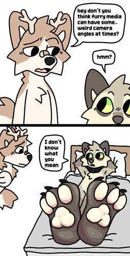 anthro antlers band-aid band-aid_on_face band-aid_on_nose bandage bandage_on_face bandage_on_nose bed black_collar brown_body brown_fur claws collar dialogue duo feet fur furniture green_eyes hands_behind_head hindpaw horn lying male nude on_back pawpads paws pillow simple_background speech_bubble tail tan_body tan_fur text rookspirit latte_(rookspirit) max_(rookspirit) canid canine canis deer fox hybrid mammal procyonid raccoon wolf absurd_res comic english_text hi_res trans_(lore) trans_man_(lore)
