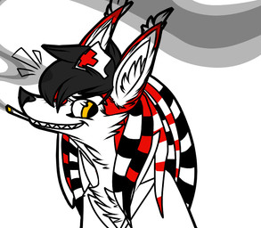 anthro black_hair black_nose black_outline cheek_tuft chest_tuft cigarette clothing cross facial_hair facial_tuft fur hair hat headgear headwear inner_ear_fluff male nurse nurse_clothing nurse_hat nurse_headwear nurse_uniform outline pseudo_hair red_body red_fur simple_background smile smoke solo teeth tentacle_hair tentacles tuft uniform white_background white_body white_fur yellow_eyes jamingu lapfox_trax renard_queenston canid canine fox mammal