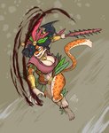 4_toes 5_fingers anklet anthro armor aztec barefoot belt big_breasts black_hair bracers breasts claws cleavage clothed clothing ear_piercing feathers feet female fingers fur hair hair_over_eye headdress holding_macuahuitl holding_melee_weapon holding_object holding_weapon jewelry long_hair macuahuitl markings melee_weapon necklace one_eye_obstructed piercing smile smirk solo spots spotted_body spotted_fur toe_claws toes topwear tribal weapon yellow_body yellow_fur nighthead etezlalicoca deity felid jaguar mammal pantherine 2020 hi_res