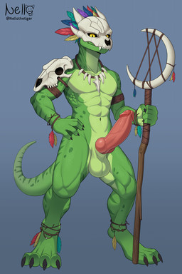 animal_genitalia animal_penis anthro balls blue_background bone bone_accessory bone_armor bone_mask erection feathers genitals glans green_body knot lean_body lean_muscle male mask non-mammal_balls penis simple_background skull skull_mask solo staff tail yellow_eyes nello_the_tiger terraria witch_doctor_(terraria) lihzahrd lizard reptile scalie 2:3 absurd_res hi_res