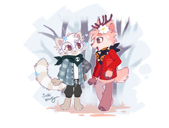 4_toes accessory anthro claws clothing cloven_hooves digitigrade duo eyewear feet female feral finger_claws flower flower_in_hair fur glasses hair hair_accessory hooves male open_mouth pattern_clothing pawpads paws pink_pawpads plaid plaid_clothing plant red_clothing red_shirt red_topwear scarf shirt tan_body tan_fur toe_claws toes topwear tree mirtash pixile_studios super_animal_royale ash_(kejifox) coco_(sushi_wacky) ailurid arthropod deer mammal red_panda absurd_res hi_res shaded signature