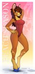 anthro arm_tuft breasts brown_body brown_fur brown_hair clothing cloven_hooves eyebrows eyelashes female fur green_eyes hair hand_behind_head hand_on_hip highleg hooves navel_outline one-piece_swimsuit red_clothing red_swimwear scut_tail short_hair short_tail shoulder_tuft smile solo standing swimwear tail tight_clothing tight_swimwear tuft yellow_body yellow_fur yakovlev-vad deer mammal 2024 absurd_res hi_res