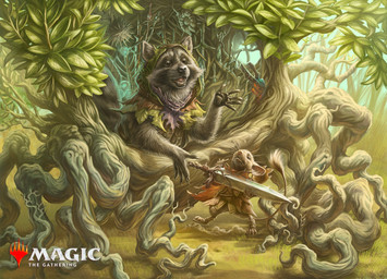 ambiguous_gender anthro brown_body brown_fur duo facial_markings forest fur grass head_markings holding_melee_weapon holding_object holding_sword holding_weapon leaf_clothing looking_down markings mask_(marking) melee_weapon open_mouth outside plant size_difference smile store surprised sword tail tree weapon whiskers josiahcameron hasbro magic:_the_gathering wizards_of_the_coast mammal mouse murid murine procyonid raccoon rodent 2024 digital_media_(artwork) hi_res official_art