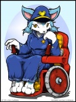 amber_eyes anthro badge black_border blue_body blue_fur border clothed clothing disability female fur hat headgear headwear paraplegic police police_hat police_officer solo vehicle wheelchair white_body white_fur o-kemono patrol_03 carmen_(patrol_03) arctic_fox canid canine fox mammal true_fox 2014