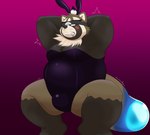 anthro belly blush bulge bunny_costume canid canine clothing costume crouching fake_ears fake_rabbit_ears hi_res hisashiyo_0705 lifewonders live_a_hero male mammal overweight overweight_male raccoon_dog shoen tanuki