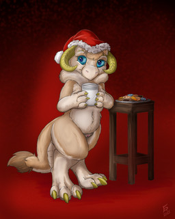 3_toes 4_fingers alternate_species anthro blue_eyes brown_tail_tuft christmas_clothing christmas_headwear claws clothing container cookie curled_horn feet female fingers food genitals glass glass_container glass_of_milk gradient_background hat headgear headwear holidays horn milk milk_container neck_tuft nude nude_female santa_hat simple_background solo standing tail tail_tuft toes tuft vulva flinters christmas star_wars celeste_(s0c0m3) kobold scalie tauntaun 2025 4:5 hi_res