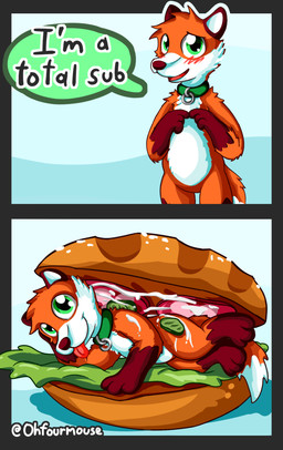 2_panel_comic ambiguous_fluids anthro blep blush bread collar collar_only dialogue dipstick_tail featureless_crotch food gloves_(marking) humor leg_markings looking_at_viewer markings nude pun sandwich_(food) socks_(marking) solo speech_bubble tail tail_markings talking_to_viewer text tongue tongue_out ohfourmouse canid canine fox mammal comic english_text hi_res