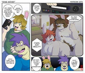 anthro areola balls beard bed bedroom belly_hair big_breasts blonde_hair blush bodily_fluids body_hair breasts brown_hair clenched_teeth clothed clothing dialogue duo_focus ellipsis erection exclamation_point eyewear faceless_character faceless_male facial_hair female front_view fully_clothed fur furniture genitals glasses goatee grin group hair heart_symbol humanoid_genitalia humanoid_penis inside interrobang looking_at_viewer male male/female mustache nipples nude on_bed penis purple_hair question_mark recording red_hair sex sharp_teeth shirt shocked slightly_chubby smile speech_bubble sweat tan_body tan_fur tape teeth text topwear white_body white_fur yellow_eyes wanikami gus_lepagi sobek_(character) sylvia_lepagi zane_lepagi crocodile crocodilian lagomorph leporid mammal rabbit reptile scalie 2012 english_text
