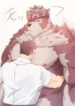 abs accessory anthro back_muscles big_muscles big_pecs blush bodily_fluids brown_body brown_fur brown_hair clothing duo fur hair headband headband_only holding_partner hug human_on_anthro interspecies larger_anthro larger_male male male/male multicolored_body multicolored_fur muscular muscular_anthro muscular_human muscular_male nipples nude pec_smothering pecs school_uniform size_difference smaller_human smaller_male sweat text uniform white_body white_fur poteto02888292 lifewonders tokyo_afterschool_summoners jock_protagonist_(tas) protagonist_(tas) volkh_vseslav_(tas) canid canine canis human mammal wolf hi_res japanese_text