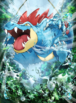 ambiguous_gender back_spikes big_mouth_(anatomy) blue_body claws feral forest forest_background head_spikes jumping nature nature_background open_mouth plant sharp_teeth sky solo spiked_tail spikes spikes_(anatomy) splashing_water tail teeth toe_claws tongue tree water yellow_eyes nibi_irowa nintendo pokemon feraligatr generation_2_pokemon pokemon_(species) hi_res