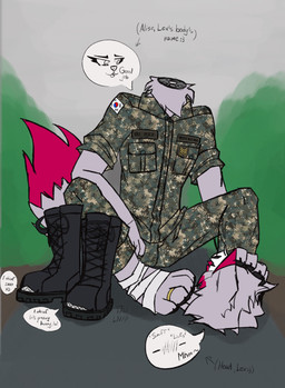 anthro army detachable detachable_head duo feet female foot_fetish foot_sniffing headless korean male male/female sentient sniffing text training lanoexpin canid canine canis mammal wolf english_text hi_res