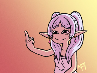 biped clothed clothing dress ear_piercing eyebrows eyelashes female gesture hand_gesture humanoid_pointy_ears middle_finger not_furry piercing pigtails pointy_ears pupils simple_background smile solo white_clothing muyharim frieren_beyond_journey's_end frieren elf 4:3