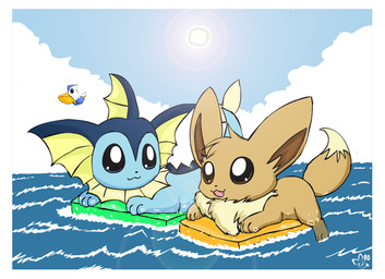 :3 ambiguous_gender beak blue_body blue_eyes border brown_body brown_eyes brown_fur cloud feral fur group horizon open_mouth outside sky smile sun tail water white_border pichu90 nintendo pokemon avian bird canid canine eevee eeveelution generation_1_pokemon generation_3_pokemon mammal pelipper pokemon_(species) vaporeon