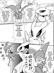 absurd_res anthro bandai_namco black_sclera canid canine claws clothing comic dialogue digimon digimon_(species) duo english_text femboy fight genitals gloves handwear hi_res impmon male mammal monochrome outside penis renamon simple_background text train_station tuft violence white_crest_(artist)