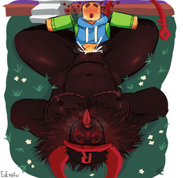 2_horns ahegao andromorph andromorph/male andromorph_penetrated anthro big_penis blocky_body bodily_fluids bottomless brown_body brown_fur clitoris clothed clothing cum cum_inside cum_splatter ejaculation eye_roll flower from_front_position fur genital_fluids genitals glistening_thighs grass green_clothing green_sweater green_topwear hat headgear headwear heart_symbol hoodie horn intersex intersex/male intersex_penetrated larger_penetrated leg_around_partner long_tail looking_pleasured lying lying_on_grass male male_penetrating male_penetrating_andromorph male_penetrating_intersex mastectomy_scar mostly_nude navel neck_tuft on_back on_grass on_ground outside penetration penile penile_penetration penis penis_in_vagina plant pubes red_body red_fur scar sex size_difference small_but_hung solo stairs sweat sweater tail tongue tongue_out topwear tuft vaginal vaginal_penetration visibly_trans white_flower yellow_body yellow_skin evensfw forsaken_(roblox) roblox demon humanoid mammal monster robloxian colored hi_res nonbinary_(lore) trans_(lore)
