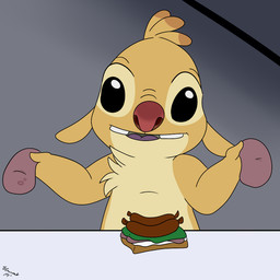antennae_(anatomy) black_eyes bologna bread buckteeth chest_tuft dipstick_antennae food fur holding_food holding_object looking_at_viewer meat multicolored_antennae open_mouth open_smile purple_tongue red_nose sandwich_(food) sausage smile solo teeth tongue tuft yellow_body yellow_fur unknown_artist unknown_artist_signature disney lilo_and_stitch reuben_(lilo_and_stitch) alien experiment_(lilo_and_stitch) 1:1 2014 digital_media_(artwork) signature
