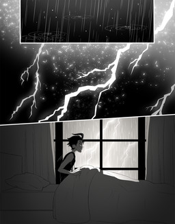 aged_up ahoge bed black_hair clothing detailed_background electricity furniture hair human_only lightning male not_furry on_bed raining sitting sitting_on_bed solo topwear waking_up inimoose invader_zim nickelodeon dib_membrane human mammal comic digital_media_(artwork) hi_res monochrome
