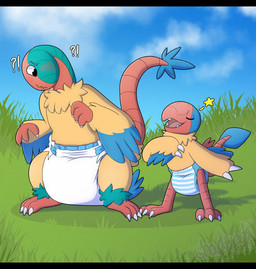 ambiguous_gender big_diaper blue_body blue_feathers blush blush_lines claws clean_diaper clothed clothing cloud cute_fangs diaper diaper_only eyes_closed fangs feathers feral finger_claws grass heart_symbol interrobang narrowed_eyes open_mouth open_smile plant potty_training pull-ups_(diaper) red_body red_tail sky smile solo tail tail_feathers teeth text toe_claws topless wavy_mouth wearing_diaper white_diaper yellow_body yellow_feathers shadyadi nintendo pokemon archen archeops fossil_pokemon generation_5_pokemon pokemon_(species) 2025 artist_name hi_res letterbox signature