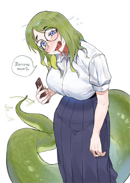 blush breasts clothing dress electronics fangs female forked_tongue green_body green_hair green_scales hair holding_object holding_phone looking_at_viewer open_mouth phone scales shirt simple_background smile solo tail tail_motion tailwag teeth text tongue topwear white_background white_clothing white_shirt white_topwear maikamiaka animal_humanoid humanoid reptile reptile_humanoid scalie scalie_humanoid snake_humanoid 2026 digital_media_(artwork) hi_res thai_text