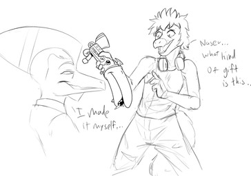 5_fingers anthro balls bent_arm biped bottomwear clothing dialogue duo eyebrows eyes_mostly_closed feathered_tail feathers fingers genitals gesture gift grin hair hand_gesture holding_object long_tail looking_at_another looking_at_object male narrowed_eyes pants penetrable_sex_toy penis pointing raised_inner_eyebrows seductive sex_toy shirt short_hair simple_background smile tail tank_top teeth text topwear white_background narija nrool cavemanon_studios goodbye_volcano_high snoot_game naser_(gvh) reed_(gvh) dinosaur dromaeosaurid prehistoric_species pterodactylus pterosaur reptile scalie theropod velociraptor english_text monochrome