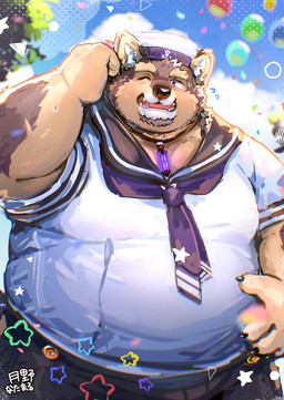 anthro belly black_bottomwear black_clothing black_shorts bottomwear brown_body brown_fur chubby_cheeks claws clothing facial_hair fat_arms fat_face finger_claws fur goatee hat headgear headwear jewelry male moobs necklace one_eye_closed overweight overweight_male sailor_cap sailor_uniform shirt shorts smile solo tan_body tan_fur topwear uniform weight_gain white_body white_clothing white_fur white_shirt white_topwear yellow_eyes natamaru_a lifewonders live_a_hero pubraseer canid canine canis domestic_dog mammal hi_res
