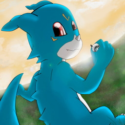 5_fingers anthro blue_body blue_spikes blue_tail claws cloud digivice facial_horn facial_markings fingers grass head_markings holding_object horn looking_at_viewer looking_back looking_back_at_viewer male markings multicolored_body nose_horn orange_markings outside plant red_eyes sky solo spikes spikes_(anatomy) standing tail toe_claws white_body white_horn yellow_sky meraence bandai_namco digimon digimon_(species) veemon 2011 digital_media_(artwork) hi_res