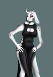 anthro black_clothing black_dress black_lipstick bovid breasts brown_eyes caprine clothing dress eyebrows eyelashes eyeshadow female fur goat hi_res horn hush_shore leaning_hips lipstick makeup mammal shaded simple_background simple_shading solo standing toriel undertale_(series) white_body white_fur