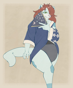 anthro asian_clothing black_diaper clean_diaper clothing diaper east_asian_clothing japanese_clothing kimono looking_at_viewer male paper_fan smile smiling_at_viewer snaggle_tooth solo standing steelshark mammal mink mustelid musteline true_musteline hi_res