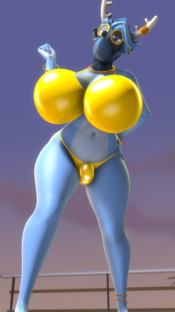 anthro antlers big_breasts bikini blue_body blue_eyes blue_fur blue_hair bracelet breasts bulge clothing detailed_bulge fur gold_(metal) gold_bikini gold_jewelry gynomorph hair horn huge_breasts intersex jewelry outside solo standing swimwear two-piece_swimsuit cricraxsfm golden_week gale_(cricraxsfm) deer mammal 3d_(artwork) 9:16 digital_media_(artwork) hi_res source_filmmaker_(artwork) busty_boy_(lore)