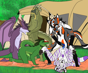 all_fours anal anal_penetration anthro anthro_on_anthro anthro_penetrated anthro_penetrating anthro_penetrating_anthro anus balls bodily_fluids butt camp camping camping_tent doggystyle erection feathers fellatio from_behind_position fur genital_fluids genitals green_body green_scales group group_sex horn interspecies kneeling kneeling_position legs_up male male/male male_penetrated male_penetrating male_penetrating_male markings nude oral oral_penetration outside outside_sex penetration penile penile_penetration penis piledriver_position precum purple_body scale_markings scales sex striped_body striped_fur stripes tail tent white_body white_fur wings sinister-jordex microsoft mythology the_elder_scrolls dazek kajii tazguul varg_horny varg_the_chimera argonian chimera dragon felid furred_dragon furred_scalie hybrid lizard mammal mythological_creature mythological_scalie pantherine reptile scalie tiger 6:5 hi_res
