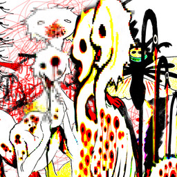 abstract_background ambiguous_gender ambiguous_humanoid blood bodily_fluids body_horror distortion gore grotesque group holes_in_body horror_(theme) open_mouth parasite pixelated surrealism trypophobia vomit vomiting what jejejunum arthropod humanoid unknown_species 1:1 2025 censored digital_drawing_(artwork) digital_media_(artwork) english_description hi_res mosaic_censorship