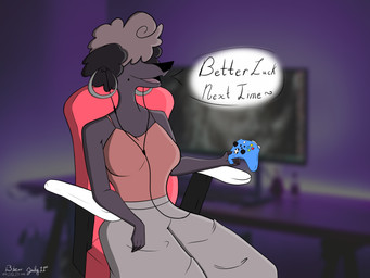 afro anthro biped blurred_background bottomwear breasts brown_body brown_fur chair clothed clothing controller dialogue dipstick_fingers ear_piercing ear_ring earbuds electronics female fingers fluffy fluffy_hair fur furniture game_controller gaming gaming_controller grey_bottomwear grey_clothing hair hair_over_eyes headphones holding_controller holding_object hoop_ear_ring markings mole_(marking) multicolored_hair open_mouth oversized_bottomwear oversized_clothing oversized_pants pants piercing pink_clothing pink_topwear ring_piercing shirt simple_background sitting smile solo speech_bubble tank_top text topwear two_tone_hair xbox_controller bbear hellaverse helluva_boss microsoft mythology xbox xbox_game_studios gigi_(helluva_boss) canid canid_demon canine demon hellhound mammal mythological_canine mythological_creature 2025 4:3 absurd_res cel_shading dated digital_drawing_(artwork) digital_media_(artwork) hi_res shaded signature