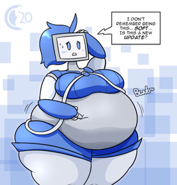 belly big_belly big_breasts blue_eyes blue_hair blush breasts clothing dialogue female grey_body hair hand_on_belly hand_on_head huge_breasts huge_thighs hyper hyper_thighs machine motion_lines obese obese_female obese_humanoid open_mouth overweight overweight_female overweight_humanoid screen screen_face solo sound_effects standing text thick_thighs weight_gain chocend bit_(chocend) humanoid robot robot_humanoid 2020 english_text watermark