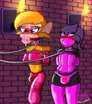 anthro ball_gag bdsm blush bodily_fluids bondage bound brick_wall bulge clothing collar corset drooling dungeon duo eyelashes femboy gag gagged gagged_drooling gloves handwear harem harem_outfit latex latex_clothing leash legwear lingerie makeup male male/male null_bulge otm_gag restraints rope rope_bondage saliva sex_slave slave thigh_highs thomb thong topwear torch underbust_corset underwear wall_(structure) josh_rocket nintendo pokemon fan_(fan007) rocket_the_chimpanzee ape banette chimpanzee generation_3_pokemon haplorhine mammal pan_(genus) pokemon_(species) primate catsuit_(disambiguation) hi_res