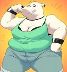 anthro belly black_nose bottomwear bra bra_peek breasts cleavage clothed clothing denim denim_bottomwear denim_clothing denim_shorts ear_piercing eyelashes female flexing fur looking_at_viewer no_irises overweight overweight_anthro overweight_female piercing pose shirt shorts smile solo standing tank_top teeth thick_thighs topwear underwear white_body white_fur wide_hips silicon_chub super_fuck_friends evelyn_(sff) bear mammal polar_bear ursine 2018 hi_res lol_comments trans_(lore) trans_woman_(lore)