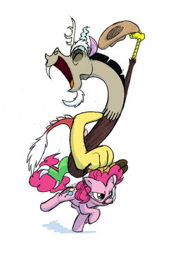 beard blue_eyes clothing cowboy_hat cutie_mark duo eyes_closed facial_hair female feral fur hair happy hat headgear headwear horn male pink_body pink_fur pink_hair quadruped riding simple_background smile straddling tail tail_tuft tuft white_background mickeymonster friendship_is_magic hasbro my_little_pony discord_(mlp) pinkie_pie_(mlp) chimera draconequus earth_pony equid equine horse mammal pony 2012