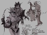 anthro armor black_body black_sclera cape clothing duo grin headgear helmet humor male sharp_teeth size_difference smile tail tail_pull teeth text bloodymar1n bandai_namco digimon bloomlordmon digimon_(species) gulusgammamon humanoid marineangemon scalie english_text hi_res