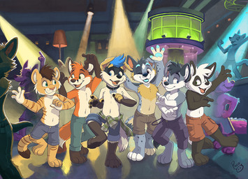 anthro black_nose black_pawpads blue_body blue_bottomwear blue_clothing blue_eyes blue_fur blue_pants blue_shorts bottomwear brown_bottomwear brown_clothing brown_shorts closed_smile clothed clothing dancing front_view fur gloves_(marking) green_eyes grey_body grey_fur group inside leg_markings male markings mouth_closed navel nightclub one_eye_closed open_mouth open_smile orange_body orange_fur pants pawpads purple_bottomwear purple_clothing purple_pants red_bottomwear red_clothing red_shorts shorts smile socks_(marking) spotted_arms spotted_legs standing striped_body striped_fur striped_markings striped_tail stripes tail tail_markings tan_body tan_fur topless white_body white_fur young young_anthro young_male pandapaco biro_(pandapaco) bear canid canine canis domestic_dog felid fox giant_panda mammal pantherine tiger