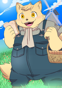 anthro basket bread clothing container food fur male overalls overweight overweight_male picnic_basket scarf solo white_body white_fur yellow_eyes shirokumaou cyberconnect2 fuga:_melodies_of_steel little_tail_bronx boron_brioche domestic_cat felid feline felineko felis mammal hi_res